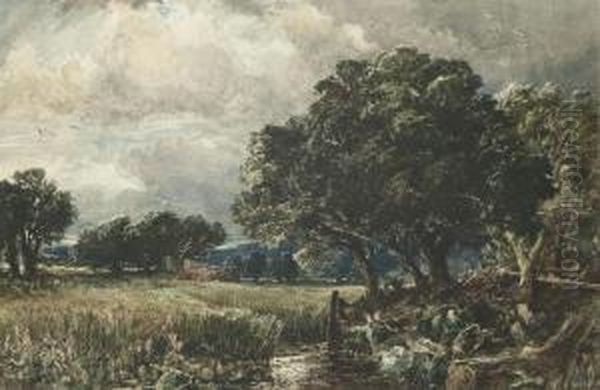 A River Landscape, A Storm Approaching Oil Painting by George Sheffield