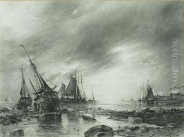 Fishing Boats And A Three Masted Frigate On Calm Waters And A Companion Piece Of Beached Fishing Vessels Oil Painting by George Sheffield