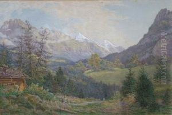 Figures Before Snow-capped Mountains. Oil Painting by Arthur Shelley