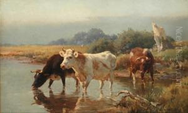 Cattle At The River Oil Painting by H.J. Sheltema