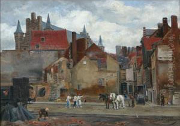 Street Scene, Anvers, Belgium Oil Painting by H.J. Sheltema