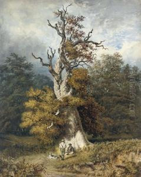 Figures Sheltering Beneath An Oak Tree In Windsor Great Park Oil Painting by Lewis Henry Shepheard