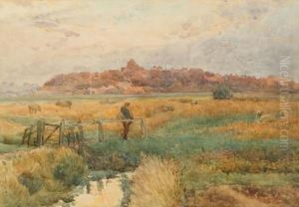 Sheep Grazing Before A Town Oil Painting by Henry Sheppard Dale