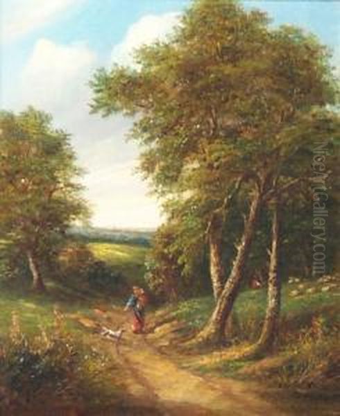 Mother, Child And Dog On A Country Path Oil Painting by John Sheppard