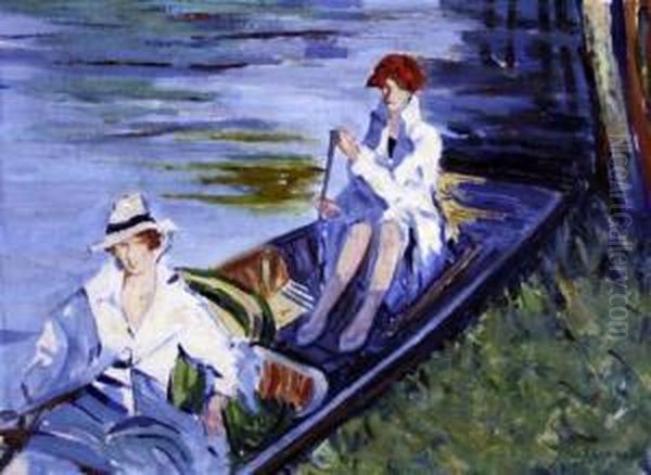 Women In A Punt Oil Painting by Claude Shepperson