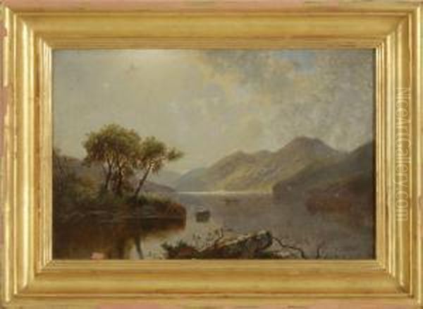 Lake George With Sailboat, Three Figures In A Rowboat, And Mountainous Background Oil Painting by William Young Sheridan