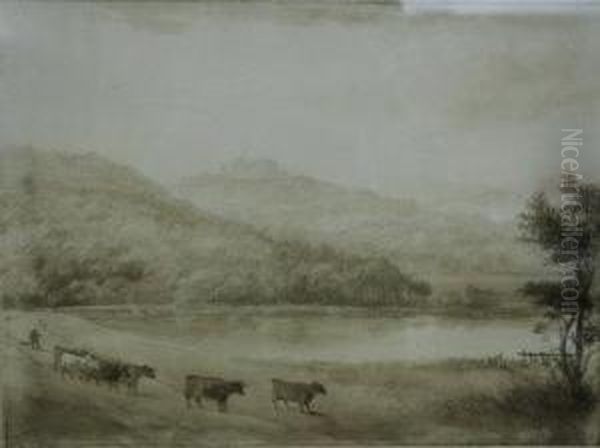 Cattle And Drover By A Lake, Castle On A Hillside Beyond Oil Painting by J.C Shetley