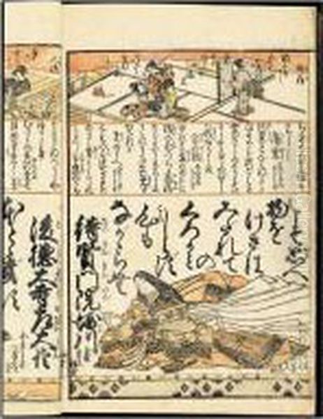 Genji Hyakunin Isshu Nishiki-ori. Brocards Du Genji Et Des 100 Poetes Oil Painting by Kitao Shigemasa