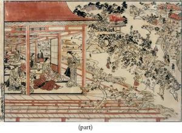 Figures Inside A Pavillion Looking Oil Painting by Nishimura Shigenaga