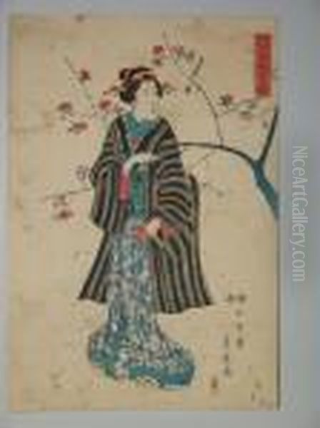 Une Jeune Femmedebout Tenant Une Pipe Oil Painting by Yanagawa Shigenobu