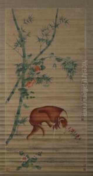 Dog Under Bamboo Oil Painting by Lang Shih-Ning