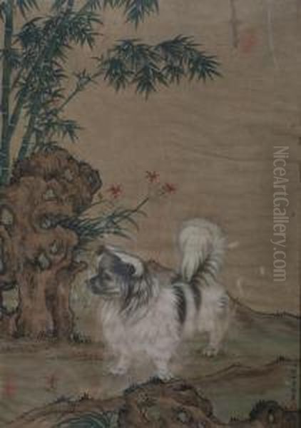 Peking Dog And Bamboo Oil Painting by Lang Shih-Ning