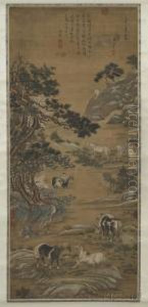 Depiction Ofbarbarians And Eight Horses In A Landscape With An Overarchinggnarled Pine Tree Oil Painting by Lang Shih-Ning