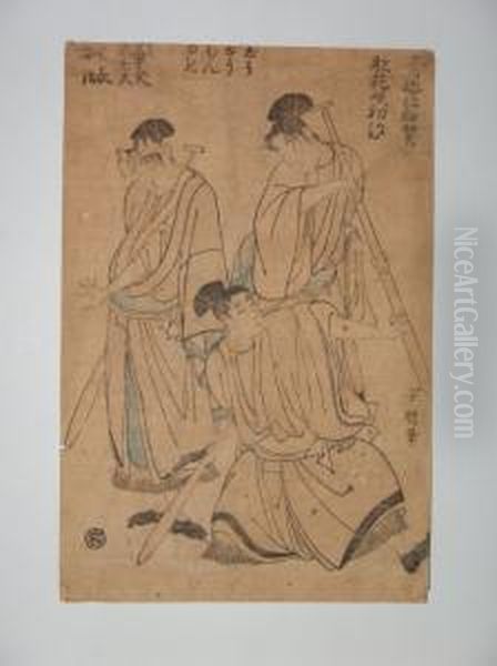 Trois Jeunes Hommestenant Des Rames Oil Painting by Momokawa Shiko