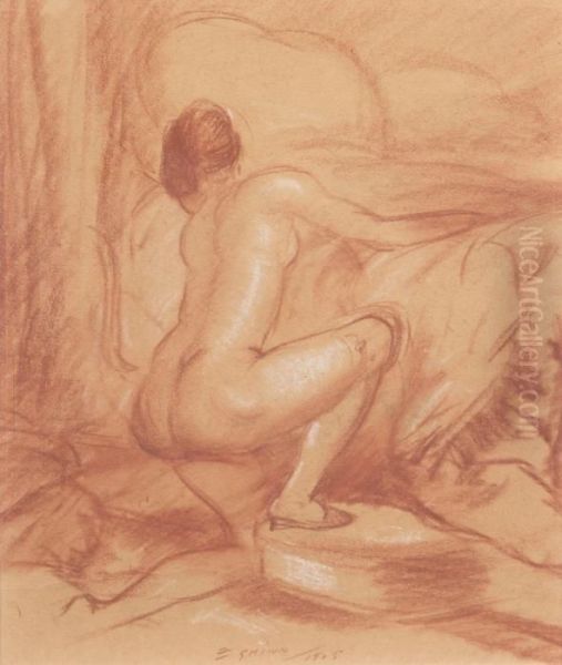 Kneeling Nude Oil Painting by Everett Shinn