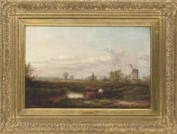 Two Figures Resting Beside A Stream, A Windmill Beyond Oil Painting by Benjamin Shipham