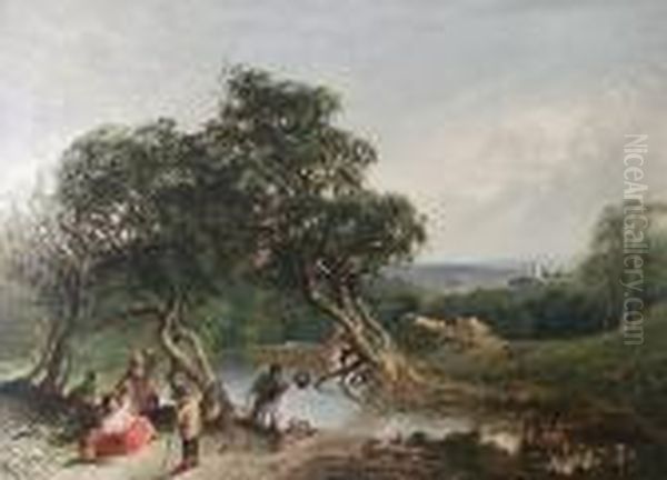 Landscape With Children Fishing Oil Painting by Henry Shirley