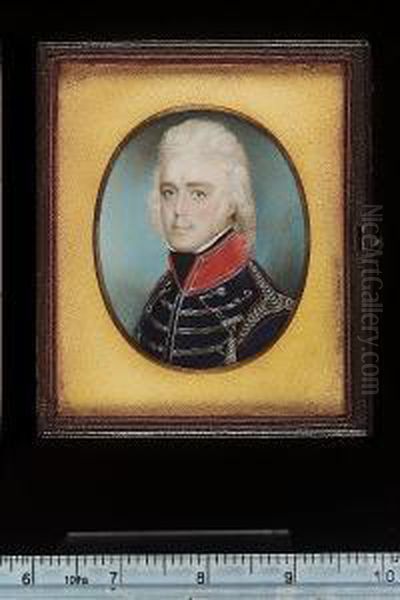 A Pair Of Portraits Of An Officer, Wearing Blue Coat With Red Collar, Silver Lace And Epaulette; And His Mother, Wearing Grey Silk Dress With Patterned Black Lace Shawl, An Indoor Bonnet Decorated With Bows Over Her Light Brown Hair Oil Painting by Charles Shirreff