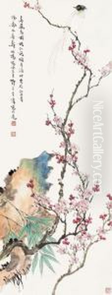 Plum And Bird Oil Painting by Wang Shizi