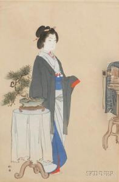 Beauty With Bosai Before A Camera Oil Painting by Shodo