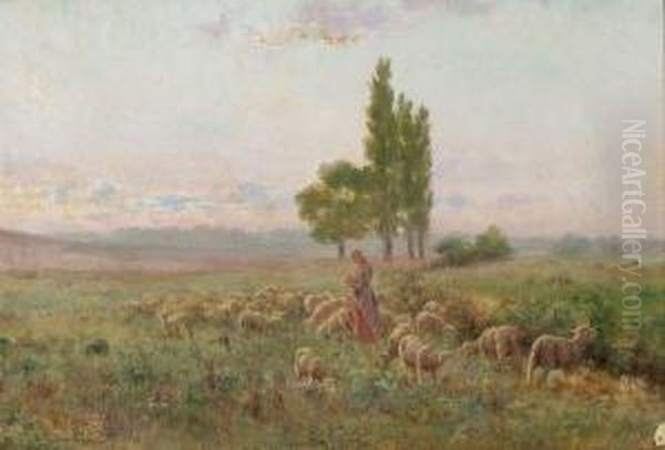 La Bergere Et Ses Moutons Oil Painting by John-Lewis Shonborn