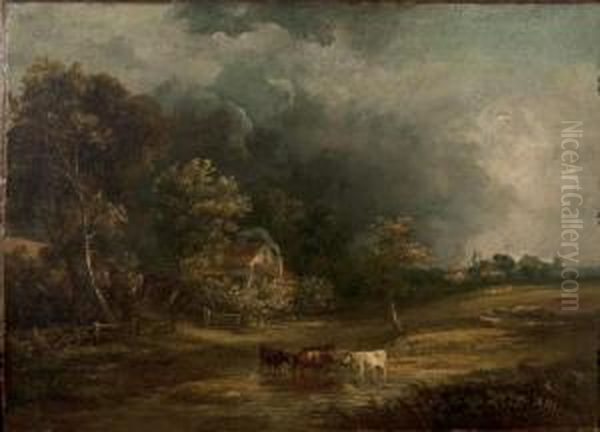 Cows Watering Before An Extensive Landscape Under Threatening Skies Oil Painting by Obadiah Short