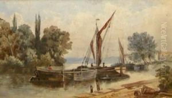 River Scene With Barges Oil Painting by Obadiah Short