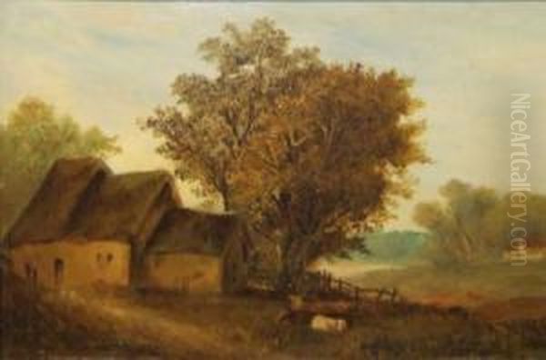 Cattle By A Farmstead Oil Painting by Obadiah Short