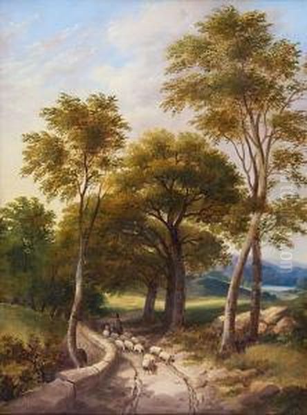 Shepherd And Flock In A Country Lane Oil Painting by Obadiah Short