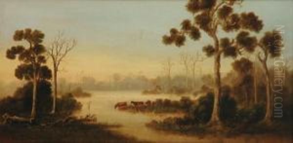 Cows And Mistymorning Oil Painting by William Wackenbath Short