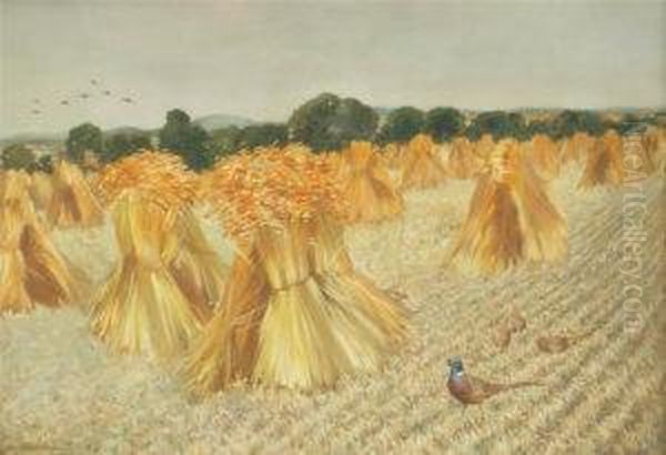 Cock And Hen Pheasants Among Stooks Of Corn At Cleeve Prior Oil Painting by Arthur Charles Shorthouse