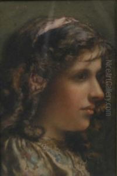 Side Profile Of A Pretty Young Girl With A Ribbon Inher Hair And With Floral Blouse Oil Painting by Arthur Charles Shorthouse