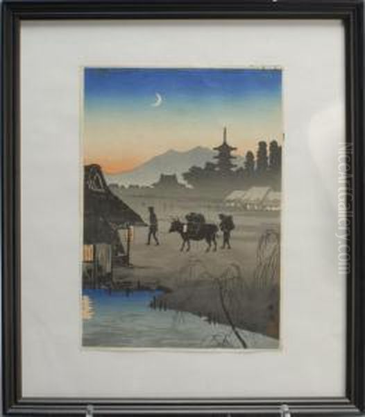 Village At Sunset With Crescent Moon, Water Buffalo, And Peasant Figures Oil Painting by Hiroaki Shotei