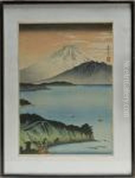 View Of Mount Fuji And Lake Biwa Oil Painting by Hiroaki Shotei