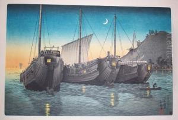 Junks In Inatori Bay, Izu Oil Painting by Takahashi Shotei