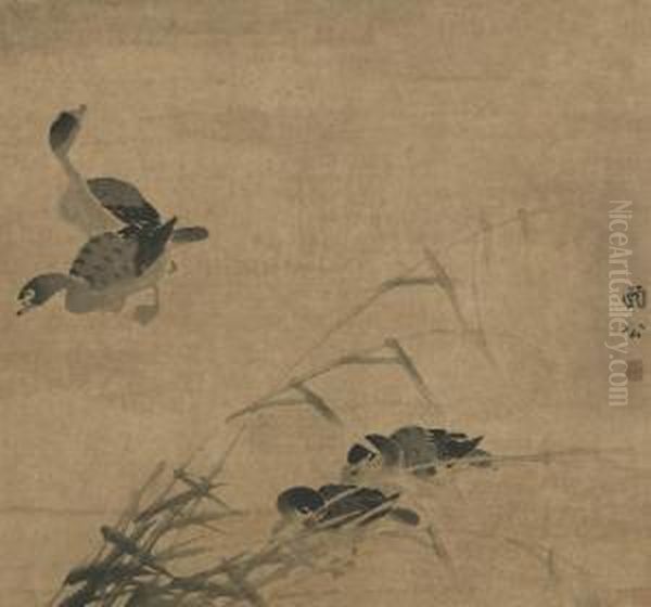 Geese And Reeds Oil Painting by Bian Shoumin