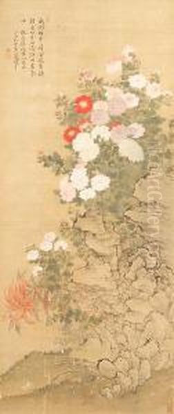 Rocks And Chrysanthemums Oil Painting by Yun Shouping