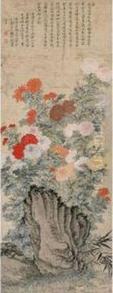 Chrysanthemums And Rock Oil Painting by Yun Shouping