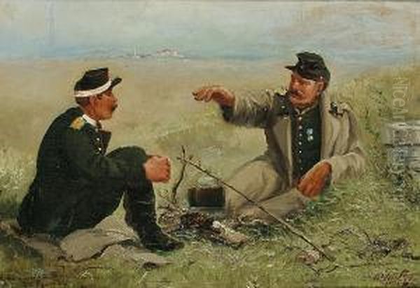 Soldiers Bivouacing Oil Painting by V. Shriberg