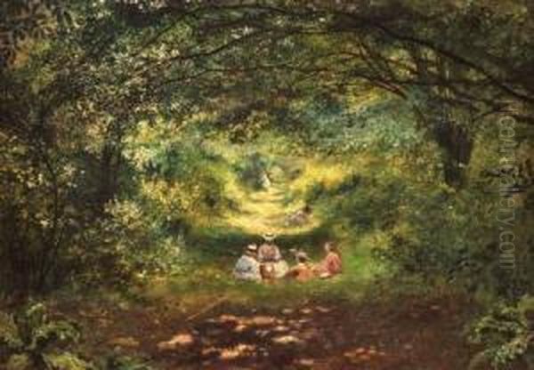 Figures Picnicking On A Sunlit Path Oil Painting by Frederick P. Shuckard