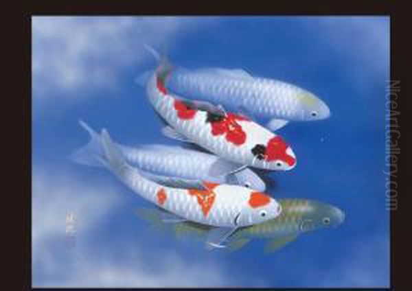 Five Carps Oil Painting by Okamoto Shuki