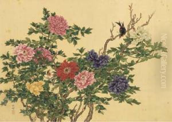 Peonies And Small Birds Oil Painting by Okamoto Shuki