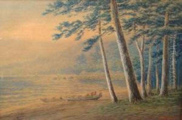 Two Fishing Boats On The Shore Of A Lake Beneath Pine Trees Oil Painting by Shumin