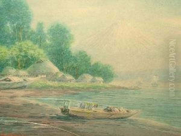 Dwellings By A River With A Distant View Of Mount Fuji Oil Painting by Shumin