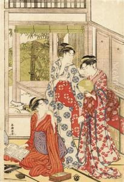 A Sheet From A Triptych Depicting A Girl Kneeling On The Floor Holding A Book In Her Hand While Two Others Stand Behind Her, One Of Whom Holds A Fan, Signed 
Shuncho Ga
, Seal 
Churin
, Published By Eijudo Han, Very Good Impression, Fresh Colours And Con Oil Painting by Yushido Shuncho