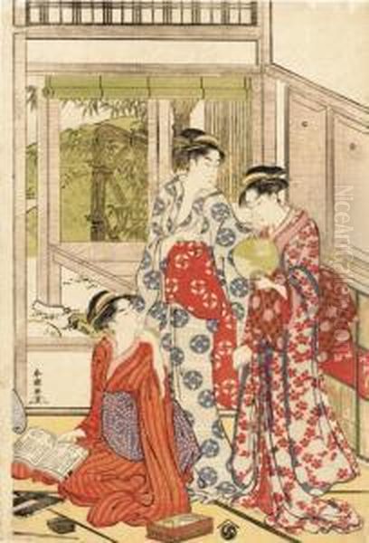 A Sheet From A Triptych Depicting A Girl Kneeling On The Floor Holding A Book In Her Hand While Two Others Stand Behind Her, One Of Whom Holds A Fan, Signed Oil Painting by Yushido Shuncho