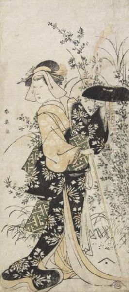 A Standing Figure Holding A Staff And A Wide Brimmed Hat Amongst Flowering Grasses Oil Painting by Katsukawa Shunei