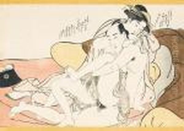 A 
Couple Making Love In An Interior Beside A Pillow Oil Painting by Katsukawa Shunei