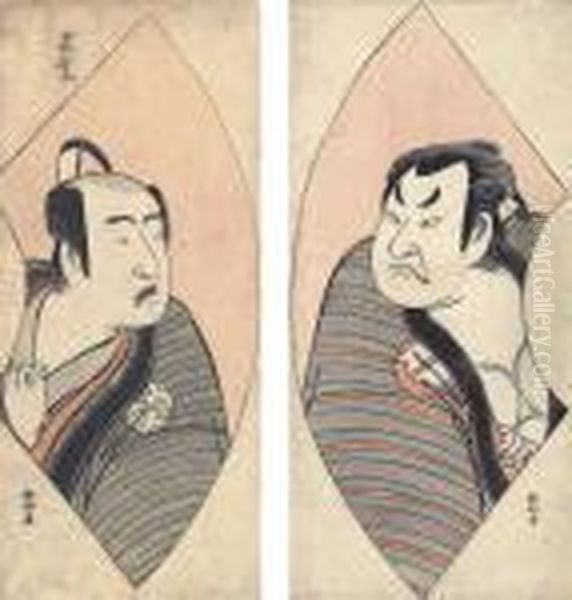 Two Prints Depicting Actors In Fan-shaped Borders Oil Painting by Katsukawa Shunko