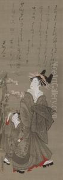 Courtesan And Attendant Walking Beneath Cherry Blossoms Oil Painting by Kubo Shunman